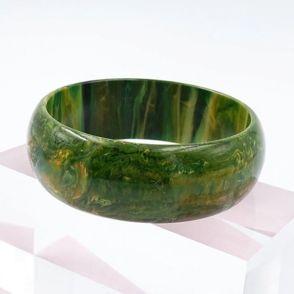 Vintage Bakelite Green Yellow Marbled Bangle Bracelet Tested